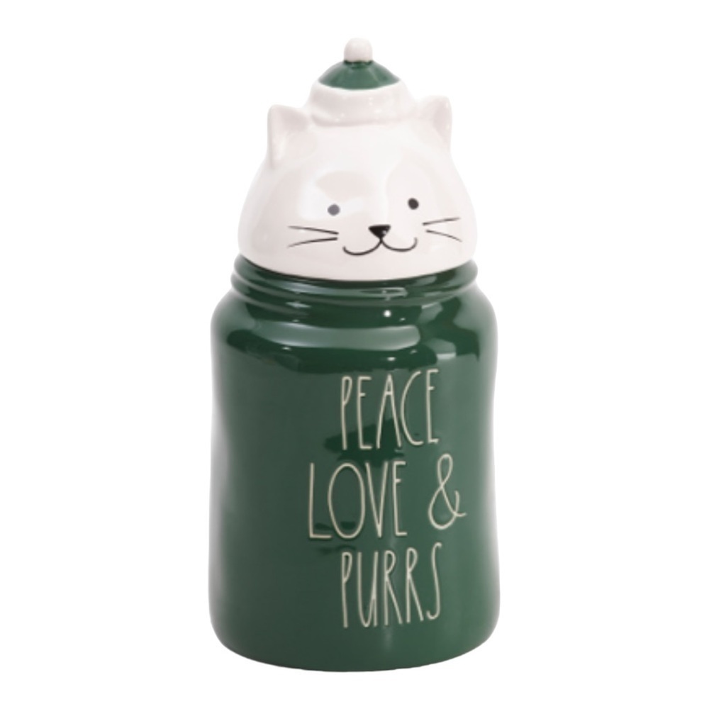 RAE DUNN Peace Love & Purrs Figural Cat Canister Treat Christmas Pet Decor NEW